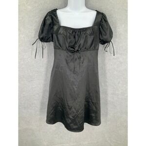 ROMWE Black‎ Satin Mini Dress Milkmaid Puff Sleeve Festival Square Neck Romantic